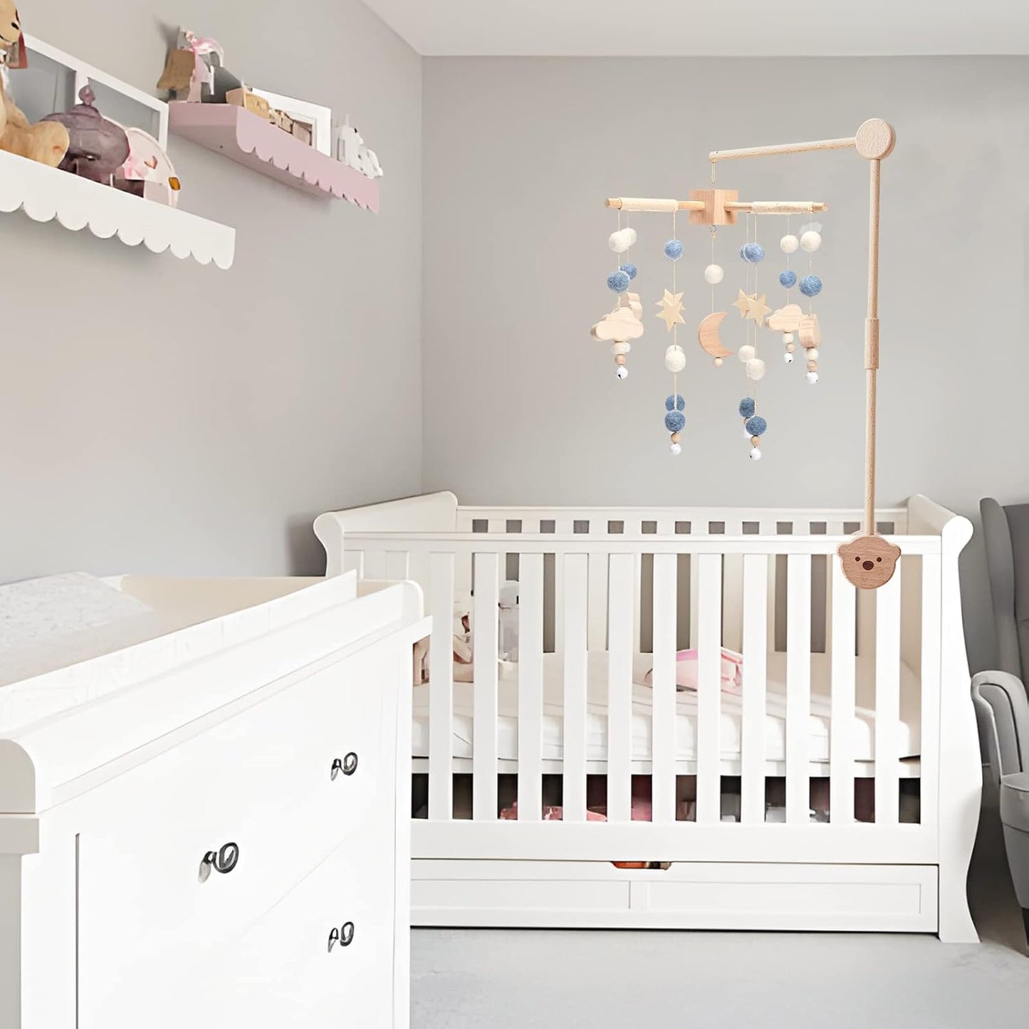 Boho Baby Crib Mobile Decor - Wooden Moon and Stars Nursery Mobiles with Cloud for Bassinet Starry Night Handmade Soft Felt Beads Hanging Wind Chime Toys Pendant for Infant Newborn Boy and Girl
