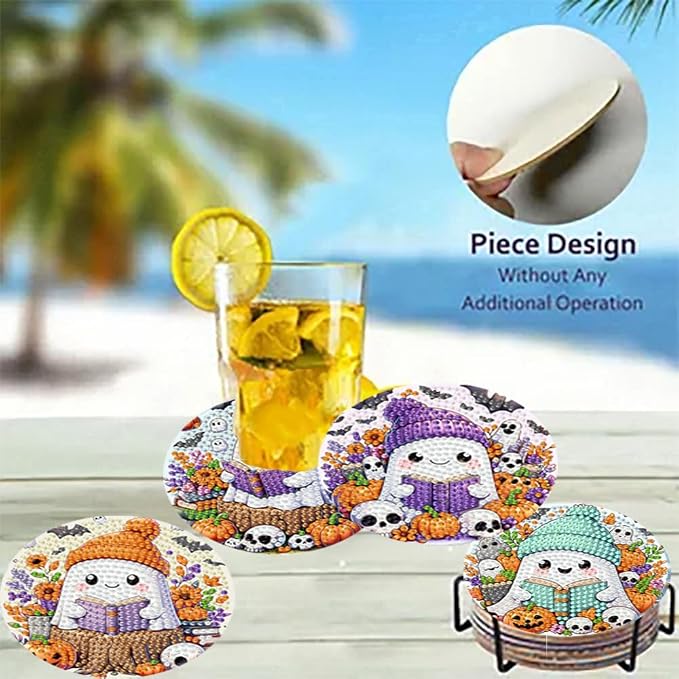 8 Pack Diamond Art Coasters, Halloween Ghost Diamond Painting Coasters Kits |