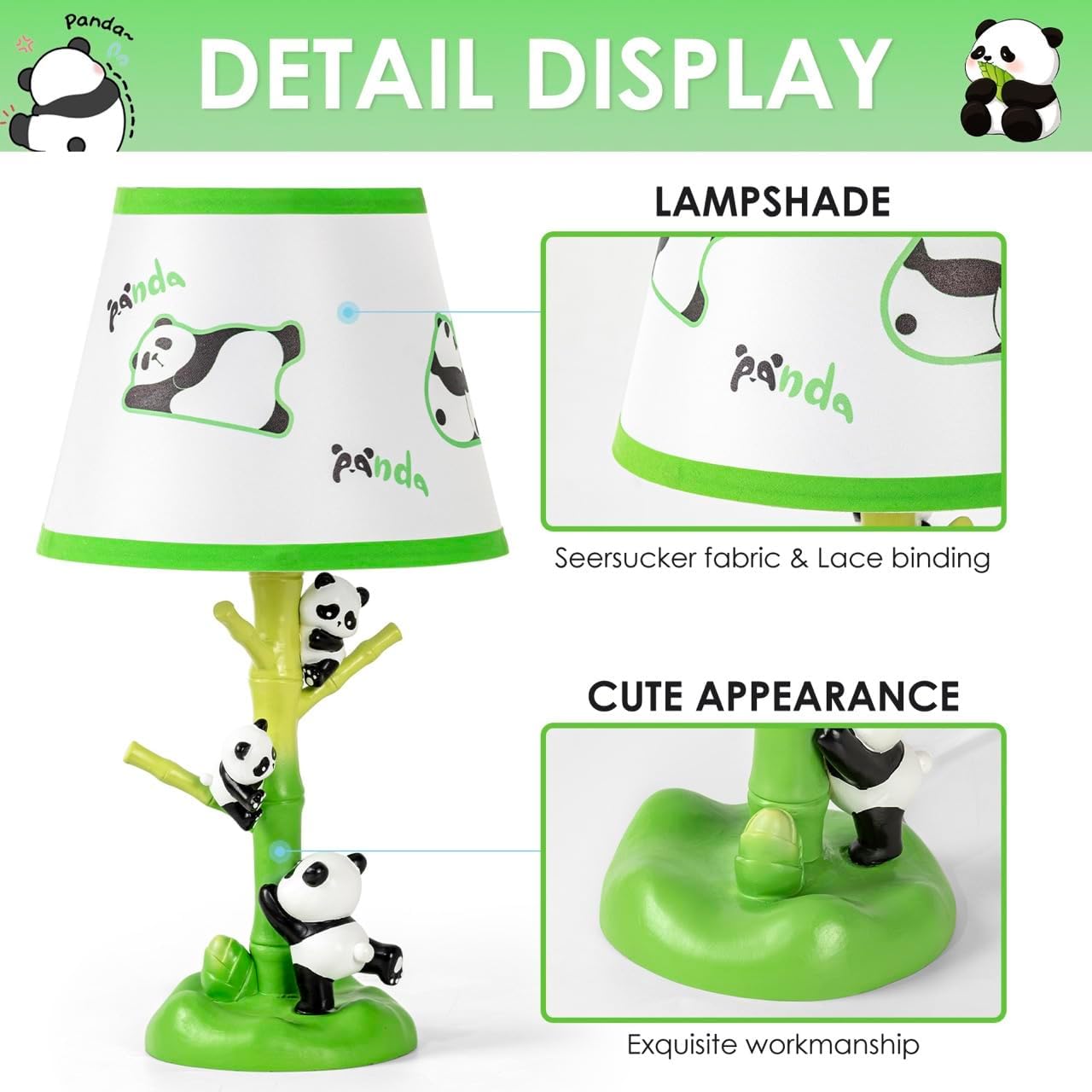 Table Lamp for Kids, 16 Inch Cute Panda Bedside Lamp with LED Bulb, Animal Resin Desk Lamp for Boys Girls Bedroom or Nursery Decor