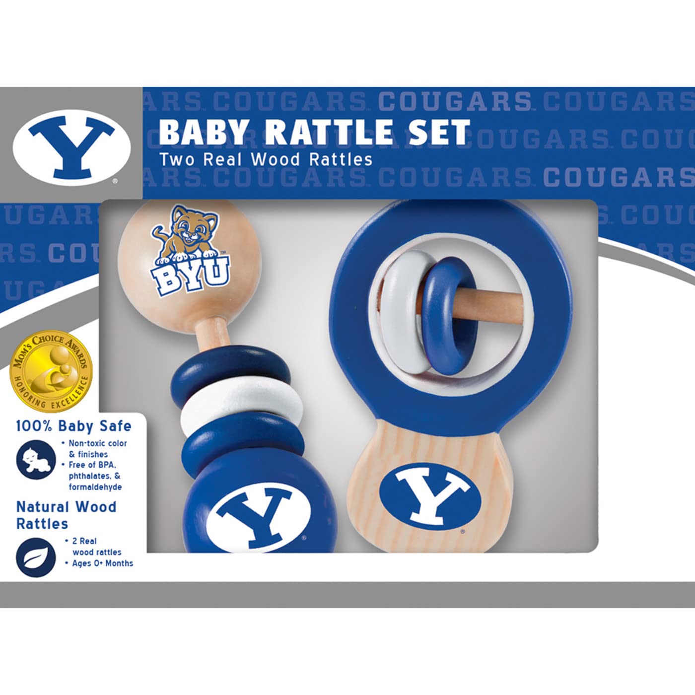 Baby Fanatic NCAA BYU Cougars Wood Rattle 2 Pack - Officially Licensed Baby Toy Set - Multicolor - Safe BPA Free - A & M Baby Toys - Ages 3 Months+