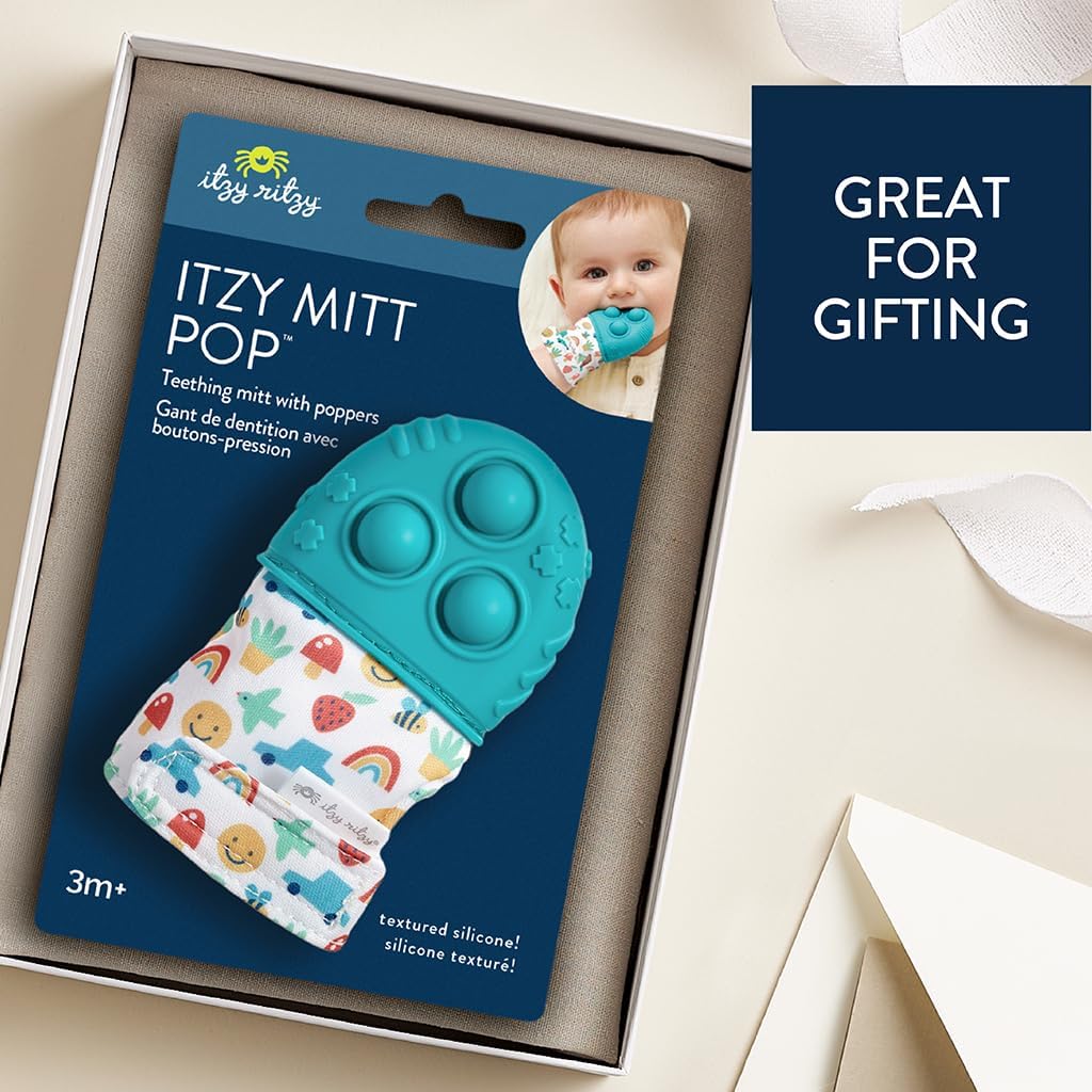 Itzy Ritzy Silicone Teething Mitt - Soothing Infant Teething Mitten with Adjustable Strap, Crinkle Sound & Textured Silicone to Soothe Sore & Swollen Gums - for Ages 3 Months & Up (Teal)