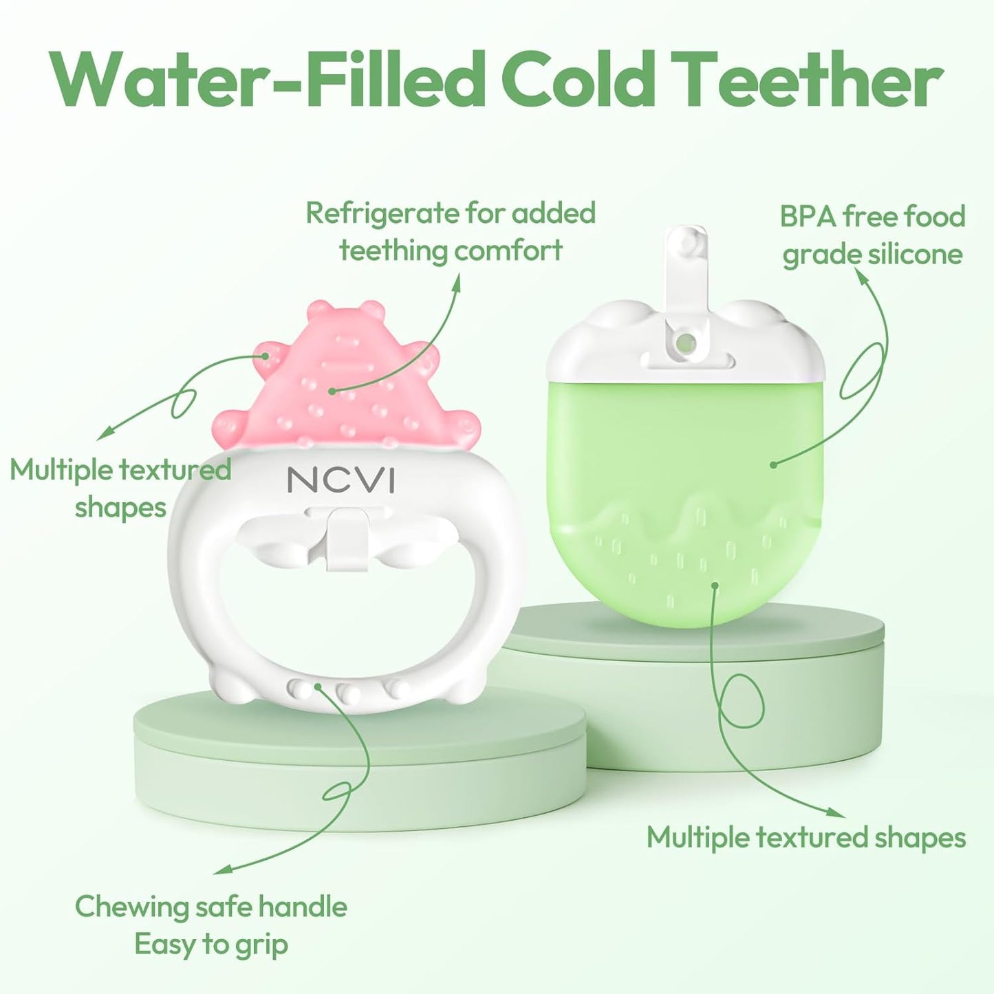 NCVI Freezable Baby Silicone Teething Toys – Cooling Relief for Babies 0-12 Months, BPA-Free, Water-Filled & Ice Teething Toys, Safe & Effective Cold Teethers for Soothing Sore Gums, Pink & Green