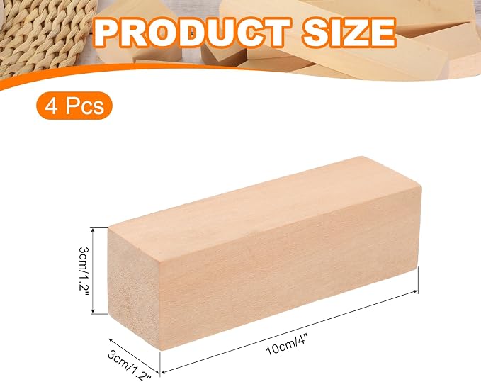MECCANIXITY 4Pcs Basswood Carving Block, 1.2"x1.2"x4" Square Wooden Dowels