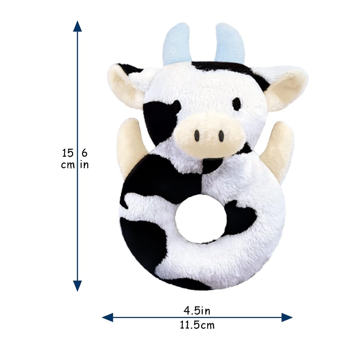 Baby Cow Soft Rattle Toy, Dairy Cattle Plush Infant Shaker Rattle Easy-Grasp Stuffed Animal Toy, Gifts for Newborns Babies Toddlers Boys Girls, Blue Horns, 6 Inches