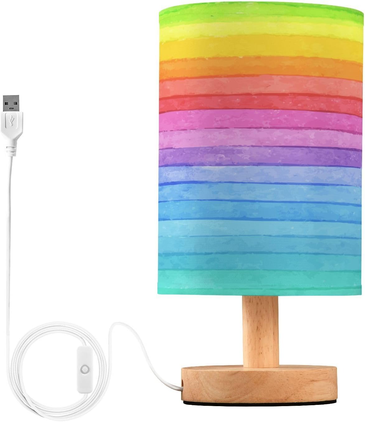 Table Lamp Colorful Striped Watercolor Bright Color Rainbow Print Nightstand Lamp with Wood Base Fabric Lamp Shade Bedside Desk Lamp for Living Room Bedroom Kids Room Office