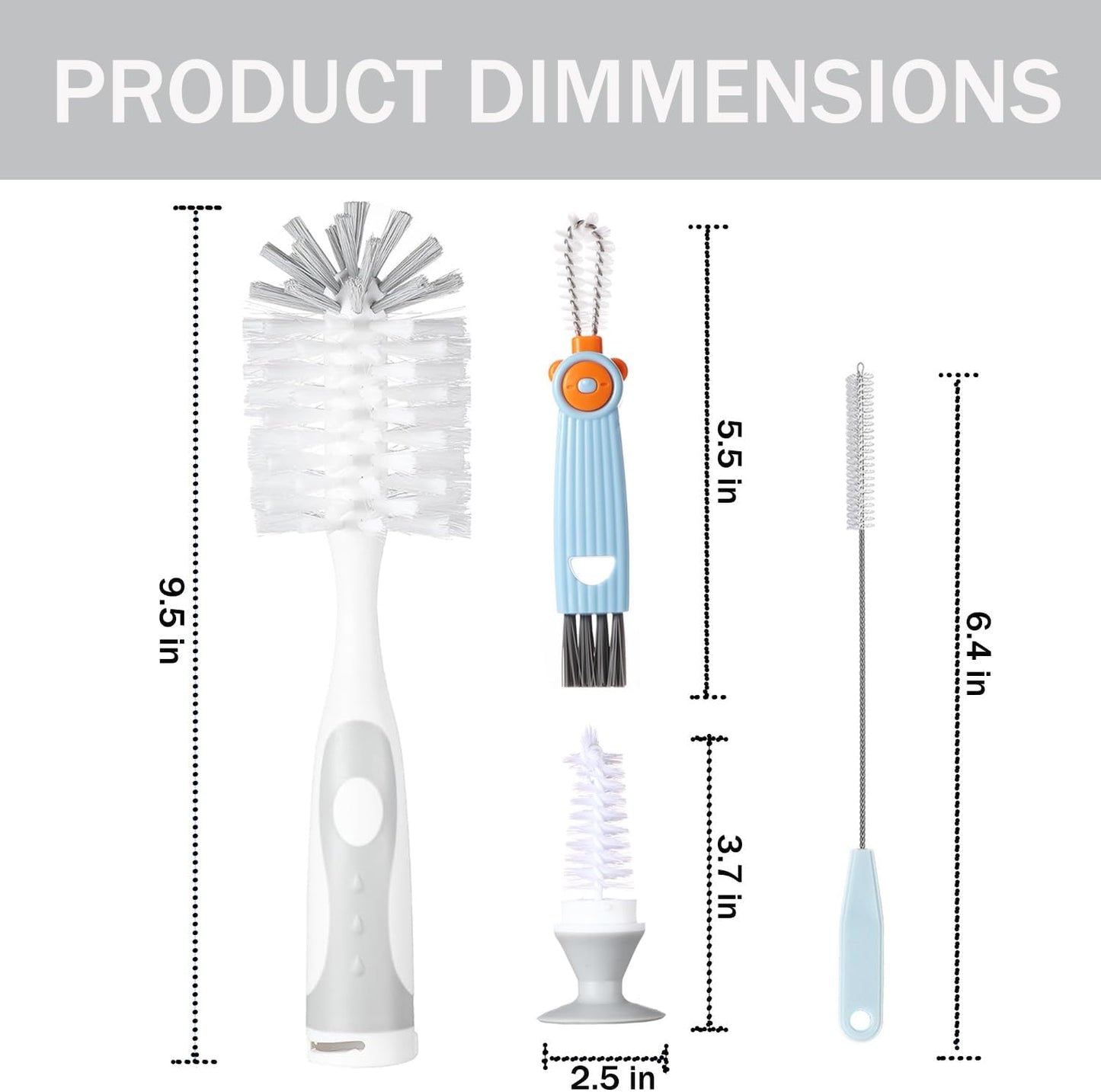 5 in 1 Cleaning Brush Set, Anivona Bottle Brush Cleaner, Multifunctional Cleaning Brush, Water Bottle Brushes for Cleaning Home, Cleaning Baby Bottles, Home Kitchen Cleaning Tools, BPA-Free (Grey)
