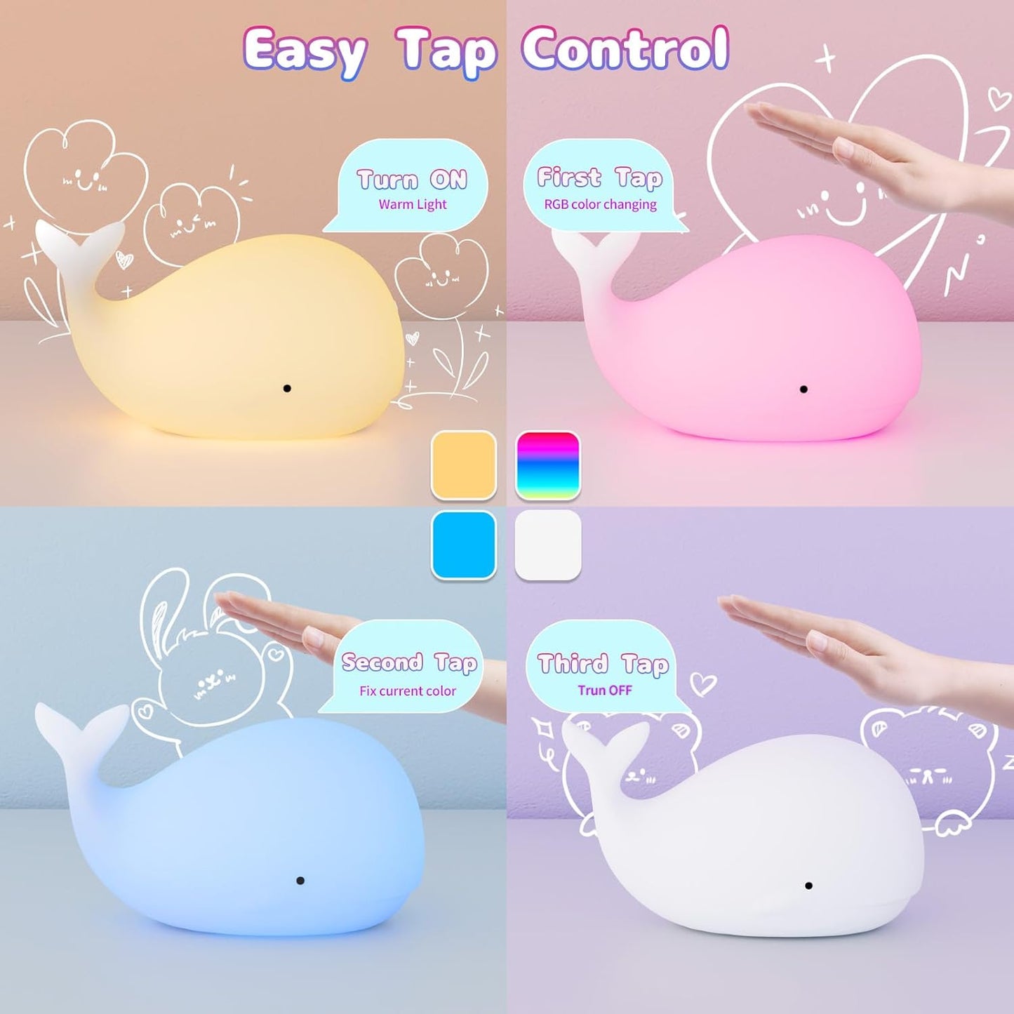 Silicone Night Light for Kids – Rechargeable Tap Control Lamp with 8 Colors, Cute Animal Design for Nursery, Toddler Room Decor, Gifts for Girls and Boys (Whale)