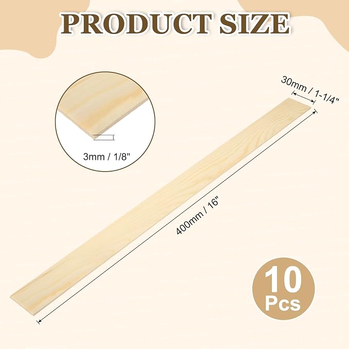 MECCANIXITY 10Pcs Wood Strips Slats, 1/8" x 1‑1/4" x 16" Thin Wood Sticks Flat