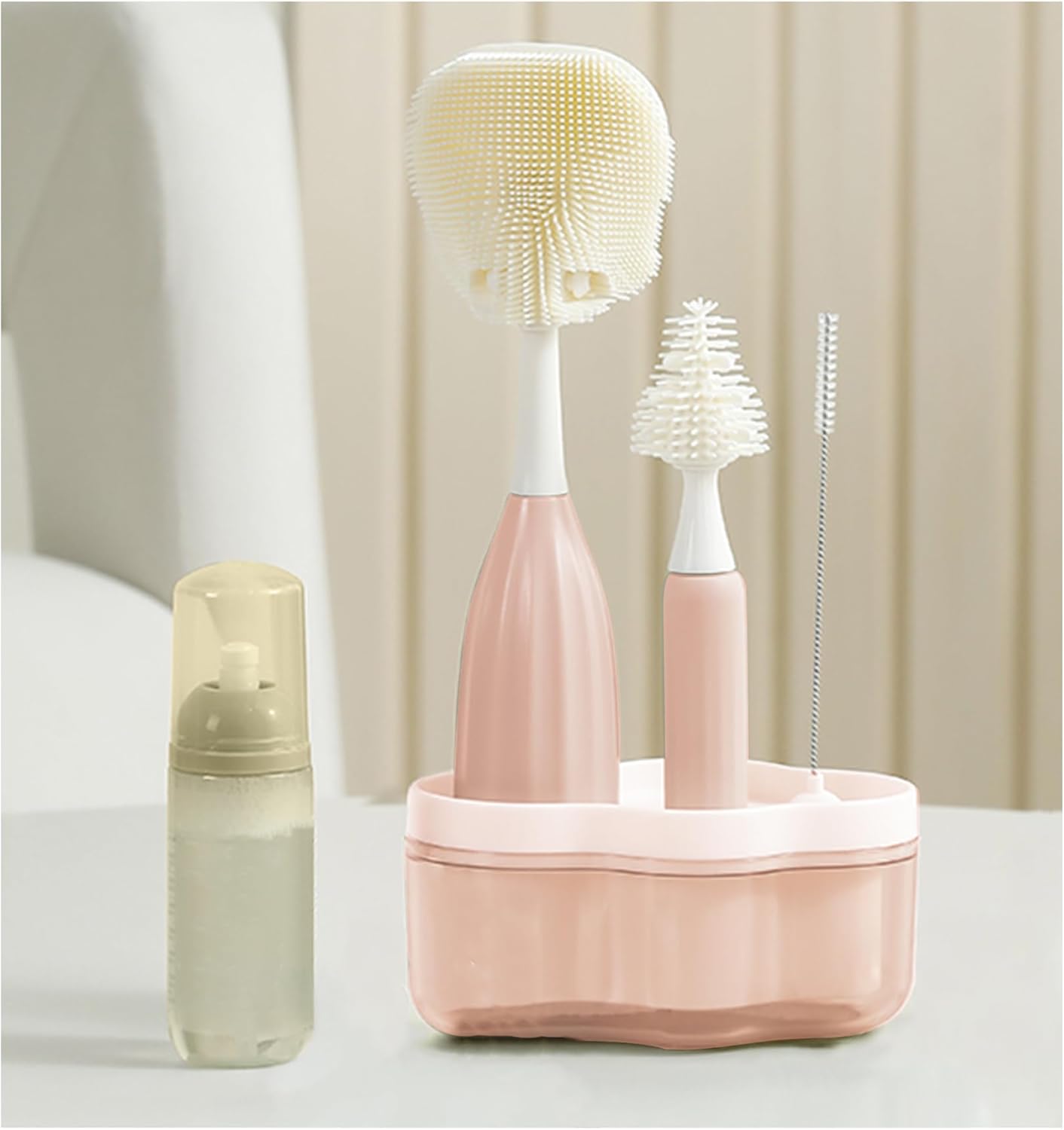 Baby Bottle Brush Kit with Push-Press Bubble and Drying Rack for Bottle Cleaning, Bendable Bottle Cleaner Brush for Baby Bottles, Breast Pumps, Nipples, Straws and More. Perfect for Home&Travel (Pink)