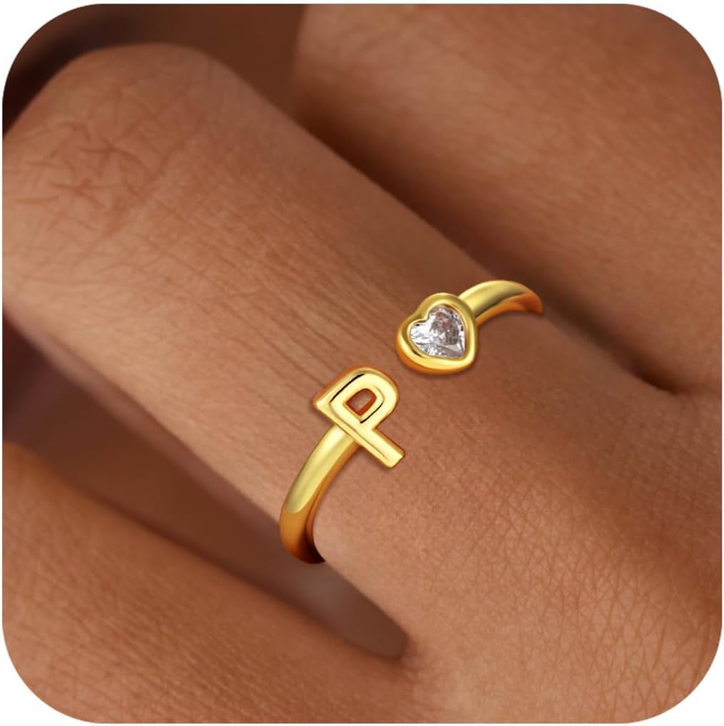 C-leen Christmas Gifts for Grandkids Teens Girls - 18K Gold Plated Adjustable Initial Rings for Women Girls Dainty Gold Rings Christmas Gifts for Women Teen Girl Trendy Stuff