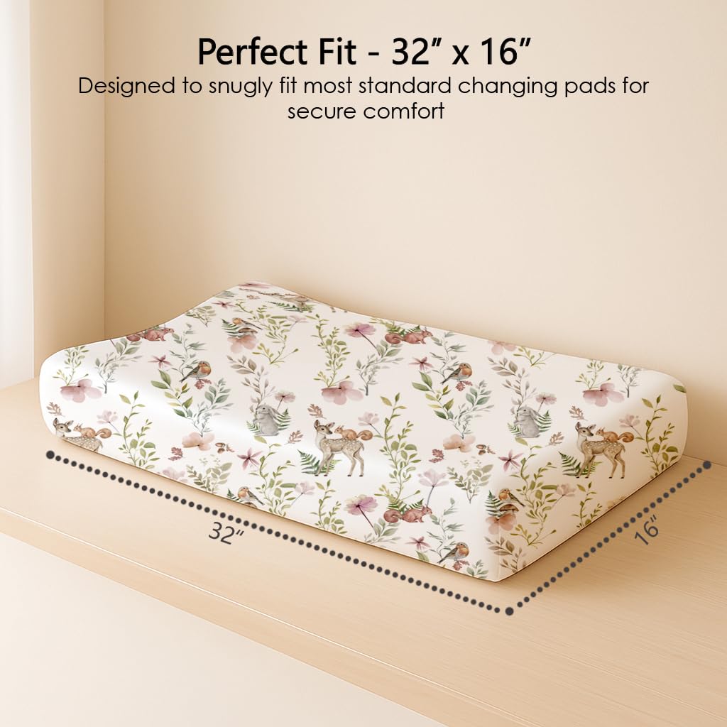 Changing Pad Cover for Baby Boys Girls 2 Pack, Fits Standard 32”×16” Changing Table Pads, Silky Breathable Stretch Knit, Machine Washable (Floral Fawn)