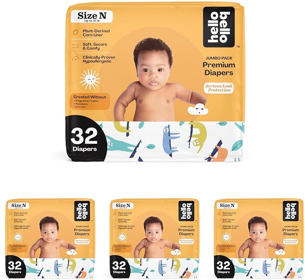 Hello Bello Baby Diapers, Newborn | Extra-Absorbent | Hypoallergenic | Sleepy Sloth | 32 Count, Pack of 4