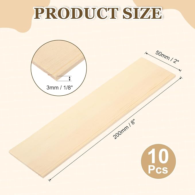 MECCANIXITY 10Pcs Wood Strips Slats, 1/8" x 2" x 8" Thin Wood Sticks Flat