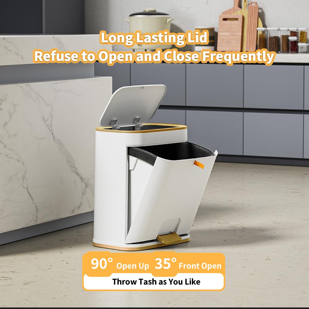Bathroom Trash Can with Lid, Plastic 3 Gallon Garbage can with Press top Lid Gold Step Pedal Trash can, Narrow White Trash bin for Bathroom, Bedroom, Restroom, Living Room, Office, Dog Proof Trash Can