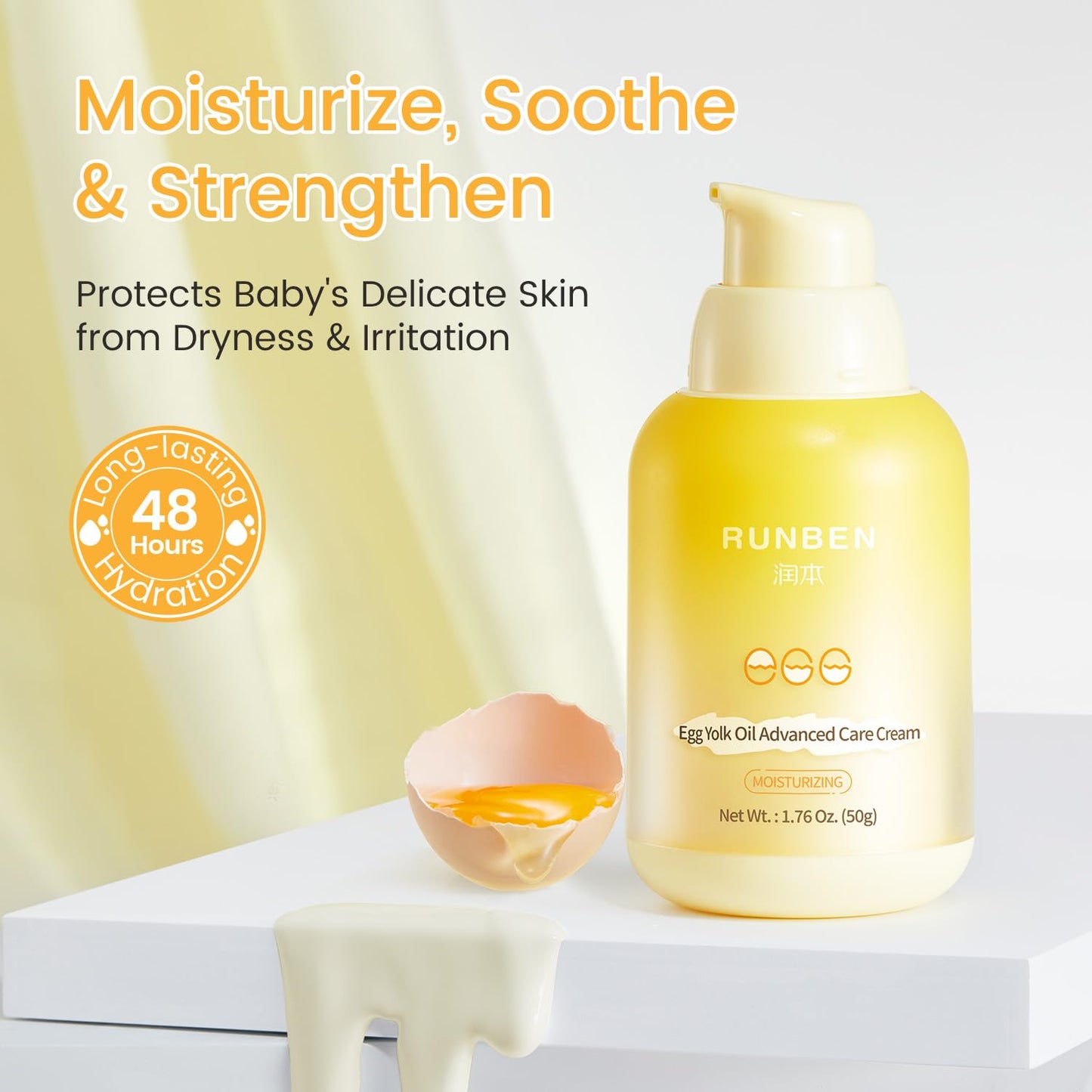 RUNBEN Nourishing Baby Face Cream with Egg Yolk Oil, 48H Deep Moisturizing, Advanced Repair Barrier Cream, Relieves Kids Dry & Sensitive Skin, Non-Toxic & Fragrance-Free, 1.76 oz