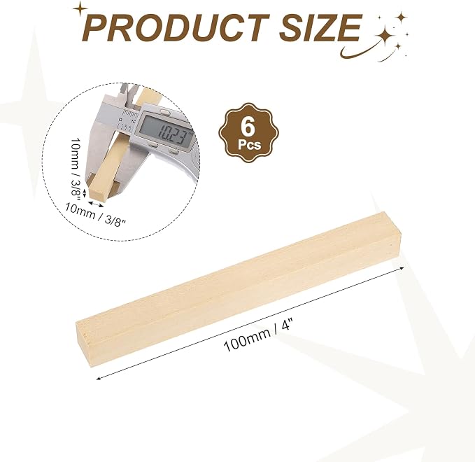 MECCANIXITY 6Pcs Basswood Sticks, 3/8" x 3/8" x 4" Square Wooden Dowel Rods