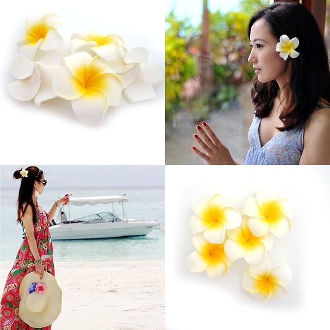 Pursuestar 100Pcs White Foam Hawaiian Frangipani Artificial Plumeria Flower
