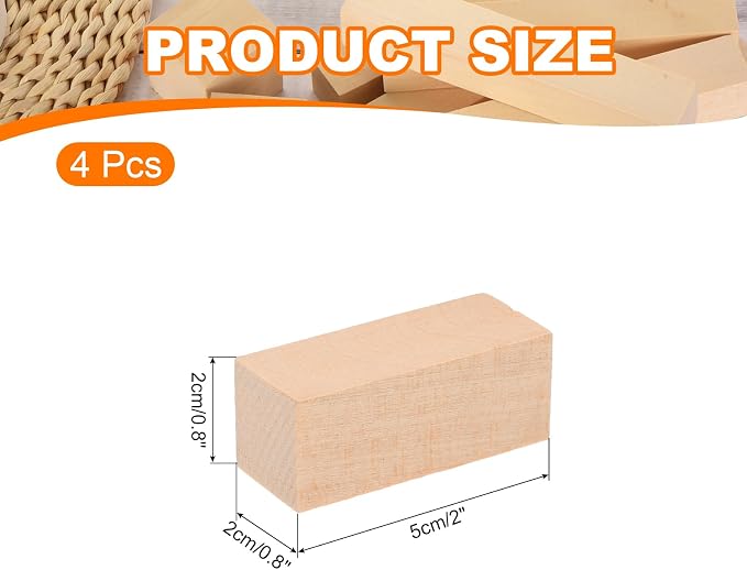 MECCANIXITY 4Pcs Basswood Carving Block, 0.8"x0.8"x2" Square Wooden Dowels