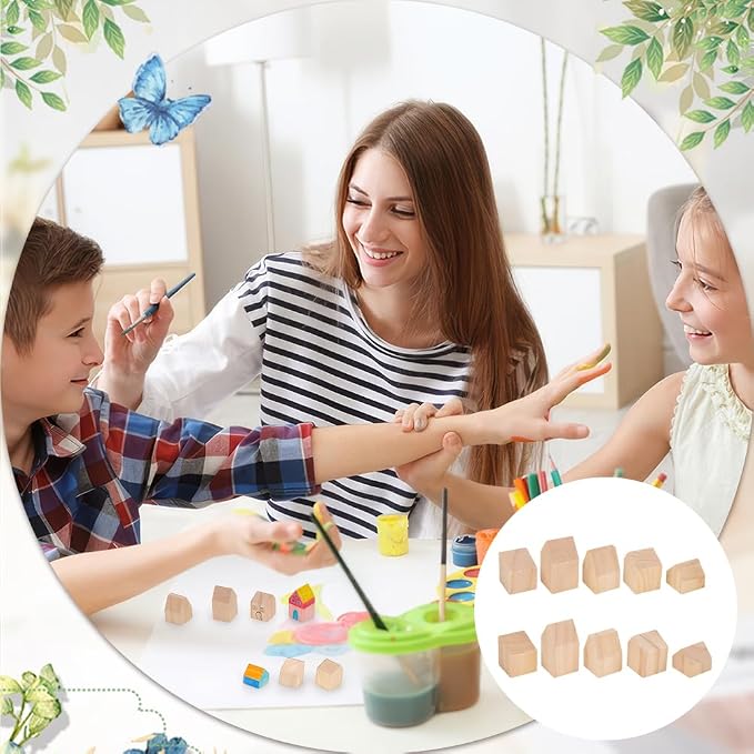 NBEADS 10 Pcs Unfinished Wooden House Shaped Blocks, Large Wood Blocks