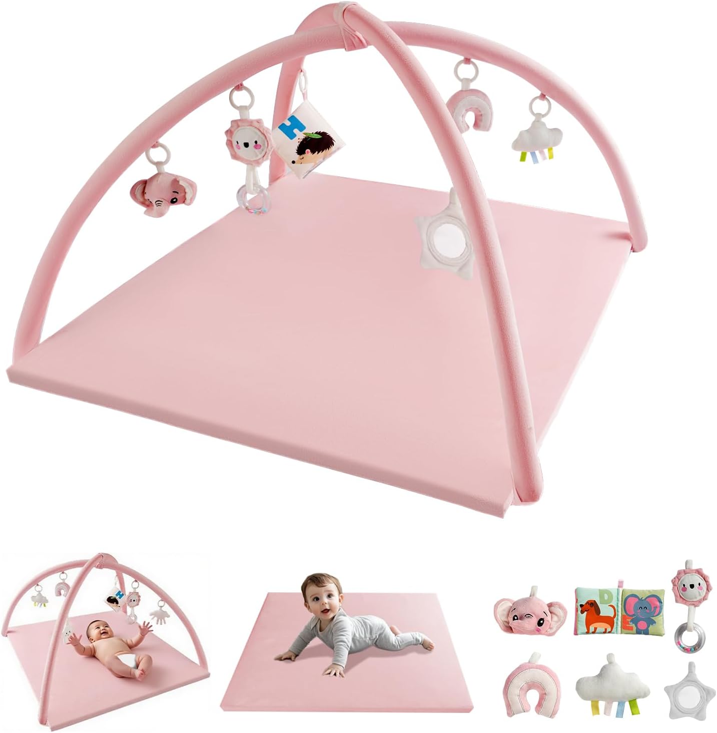 Baby Play Gym with Soft Foam Mat – Removable & Machine Washable Cover, Velvet Tummy Time Mat with 6 Sensory Toys, Non-Slip Activity Mat for Infant Development, Newborn Essentials Gift, Pink