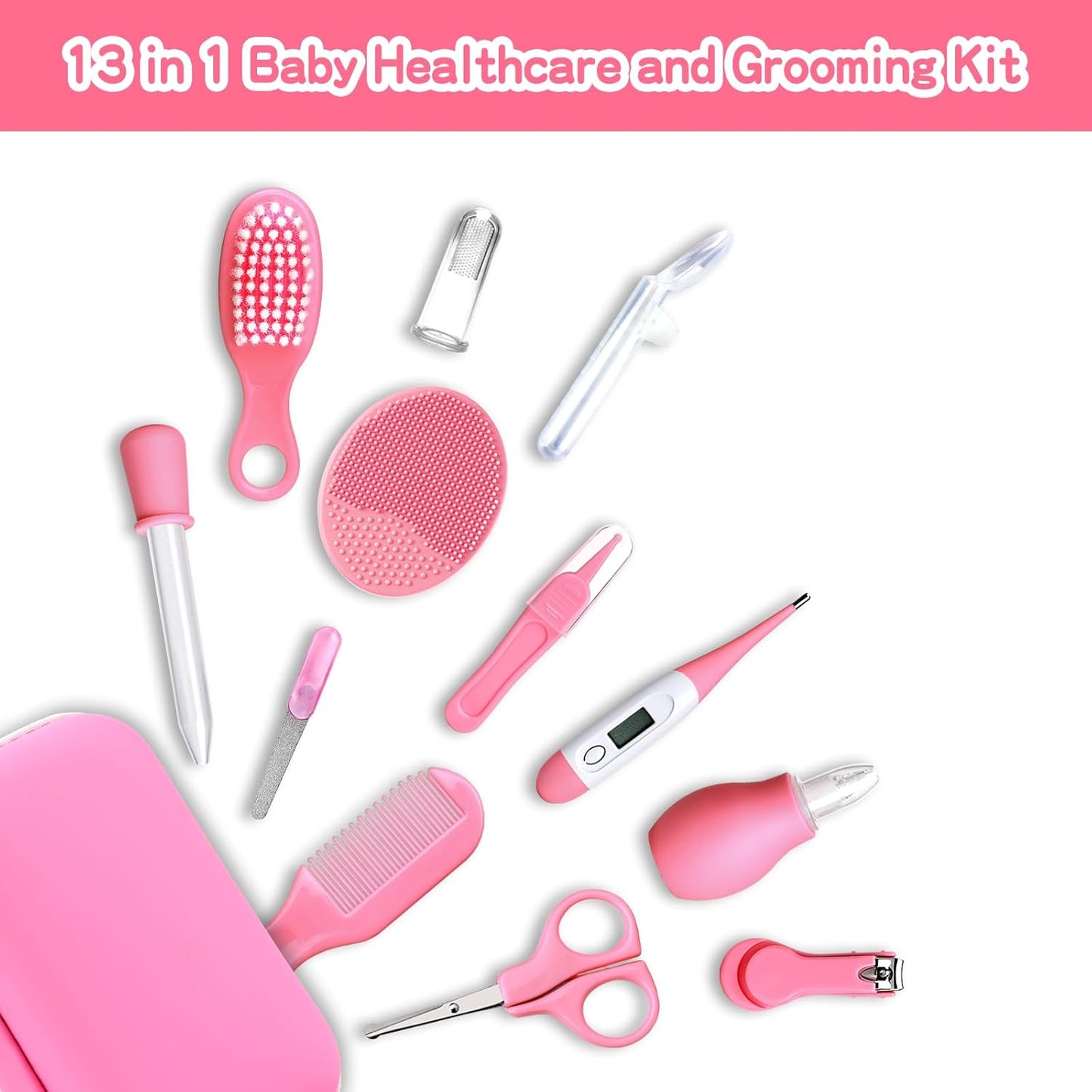 Baby Grooming and Healthcare Kit, Infant Safety Care Set with Hair Brush Comb Nail Clipper Nasal Aspirator,Baby Essentials Kit for Newborn Girls Boys (13 in 1, Pink)