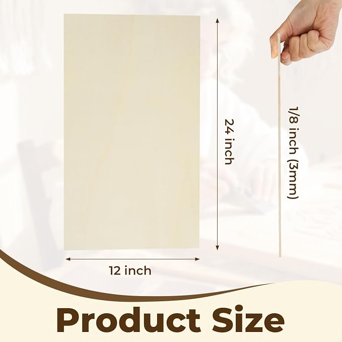 12 Pack Basswood Plywood Sheets 12"x24"x1/8", Basswood