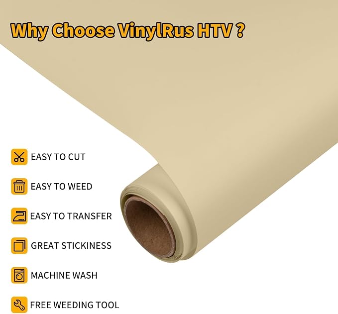 VinylRus Heat Transfer Vinyl-12” x 6ft Tan Iron on Vinyl Roll
