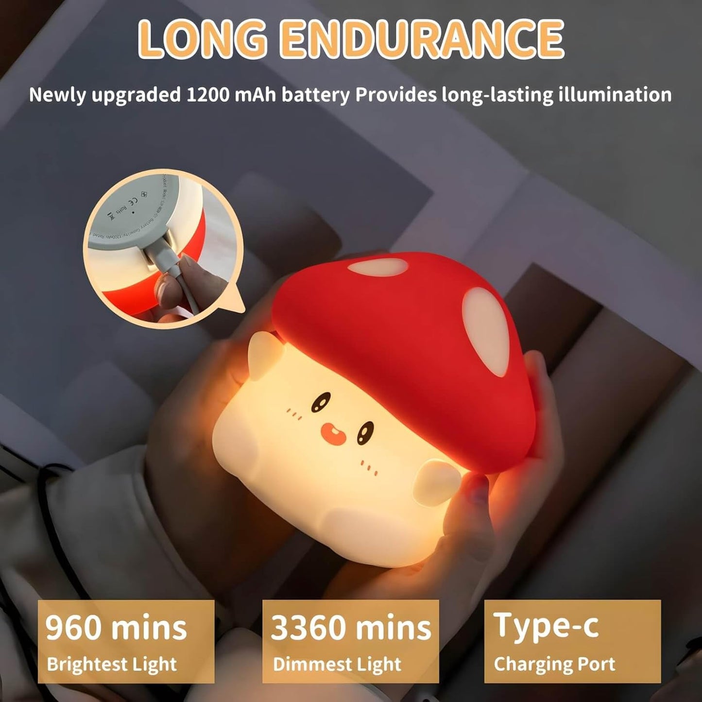 Mushroom Silicone Lamp, Cute Hug Mushroom Night Light with Timer, Squishy Dimmable Light for Baby Nursery, Rechargeable LED Portable Touch Nightlight, Kawaii Room Desk Decor, Christmas Gifts