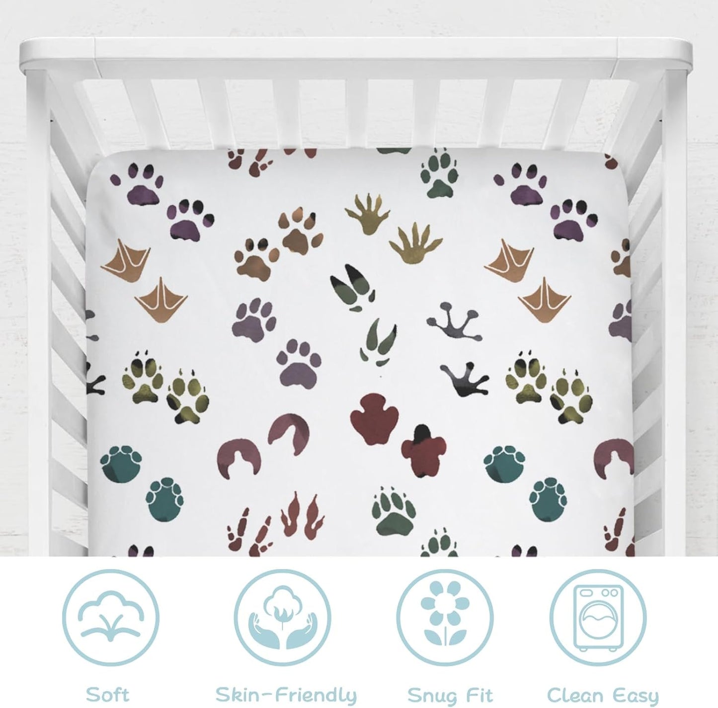 Cute Animals Tracks Baby Crib Sheets 52''x28'' Animals Footprint Snug Fitted Crib Mattress Cover for Boy Girl Wild Animals Soft Baby Bed Sheets for Standard Crib and Toddler Mattresses
