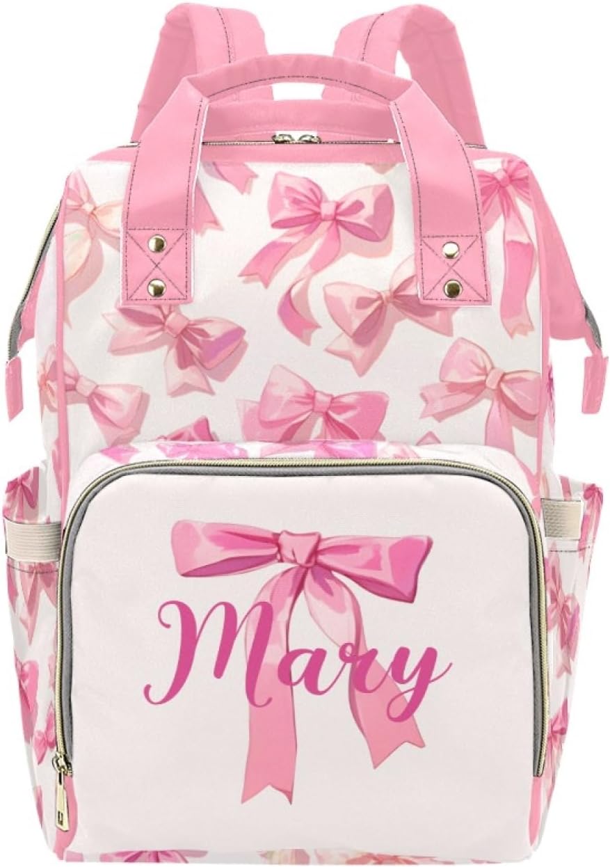 Custom Diaper Bag Backpack for Women, Personalized Name Nursing Mommy Daypack, Pink Bow Diaper Bag for Baby Girls, New Mom Gifts