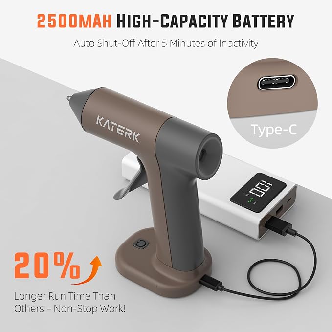 Katerk Cordless Hot Glue Gun Kit, Mini Glue Gun, Auto Shut-Off, Khaki | 2500mAh
