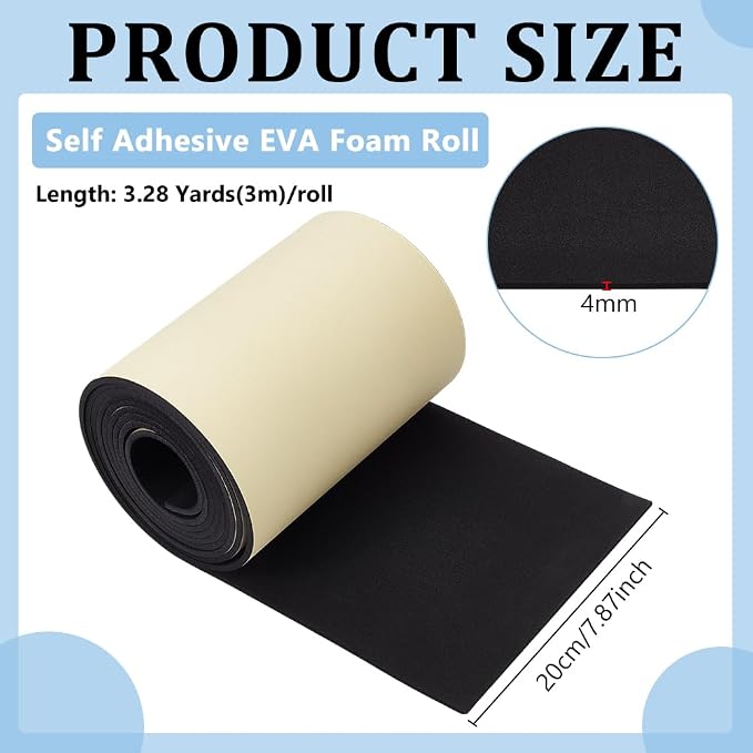 BENECREAT 118x8 Inch Black Self Adhesive EVA Foam Roll, 4mm Thick Waterproof