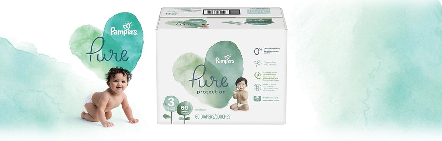 Diapers Size 3, 60 Count - Pampers Pure Protection Disposable Baby Diapers, Hypoallergenic and Unscented Protection, Super Pack (Old Version)