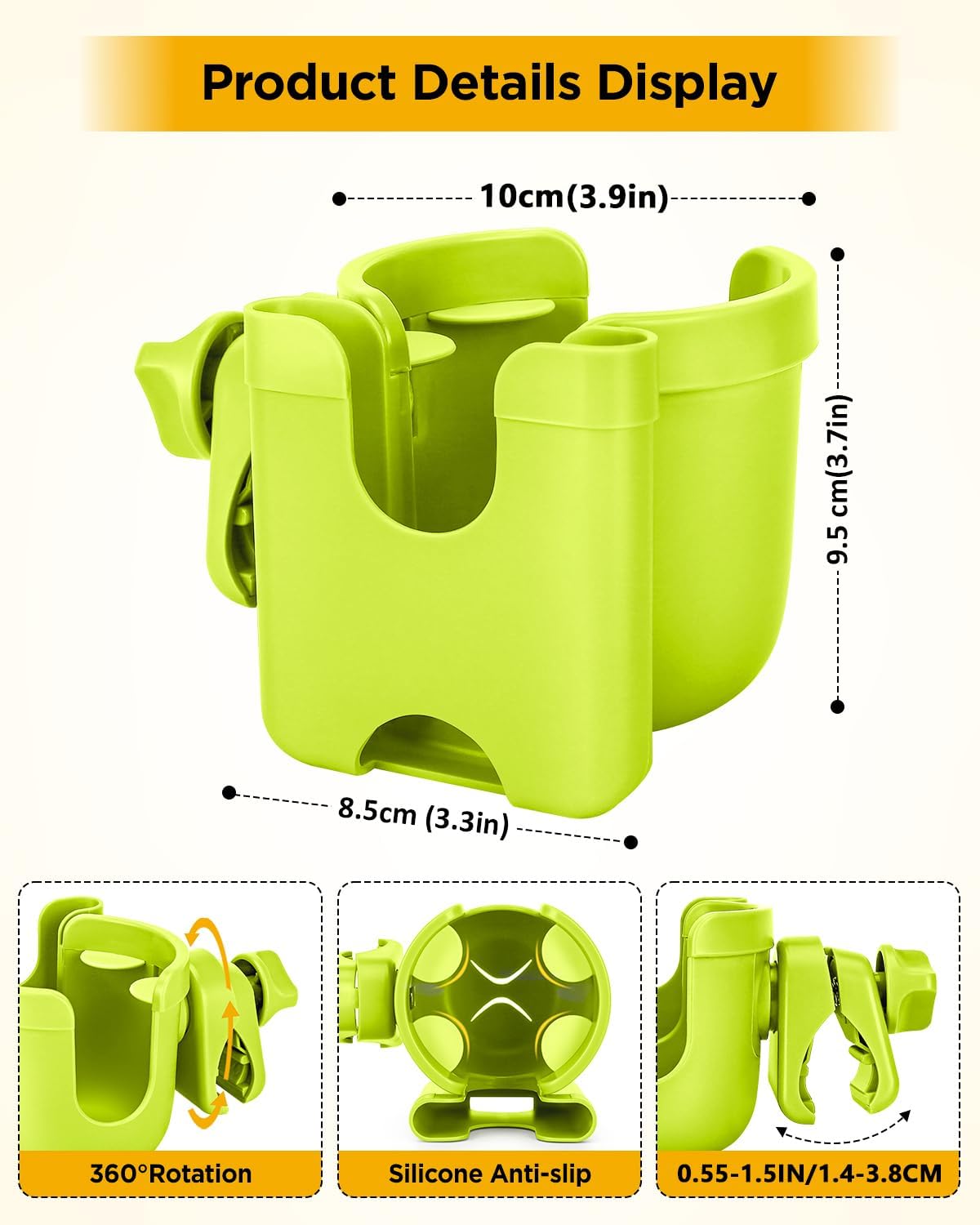 Universal Stroller Cup Holder with Mobile Phone Case, 2-in-1 Strollers Storage Rack, 360 Degrees Rotation Drink Holder for Bike, Pushchair, Wheelchair, Walker,Bicycle, Fits Most Cups (Green)