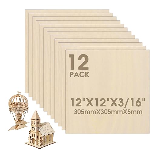 12 Pack Basswood Sheets 12"×12"×3/16" Unfinished Plywood Sheet | Smooth Thin