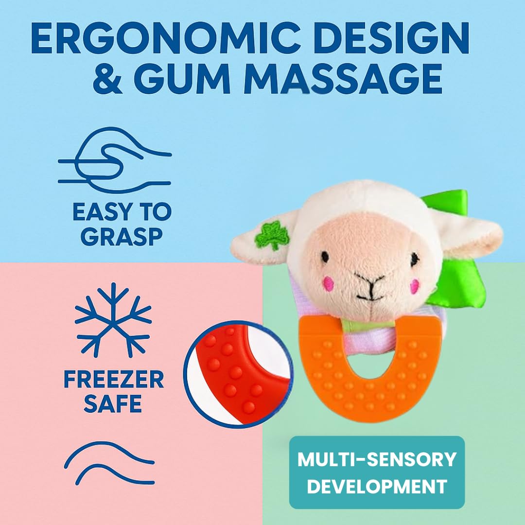 Wristy Buddy Teething Ring for Babies 0-6 8 10 12 Months | Cute Soft Lamb Animal Teething Toys & Gloves | Baby Teething Relief Toy Pack | Infant Chew Toys for 3-6 Months, 1 2 3 Years