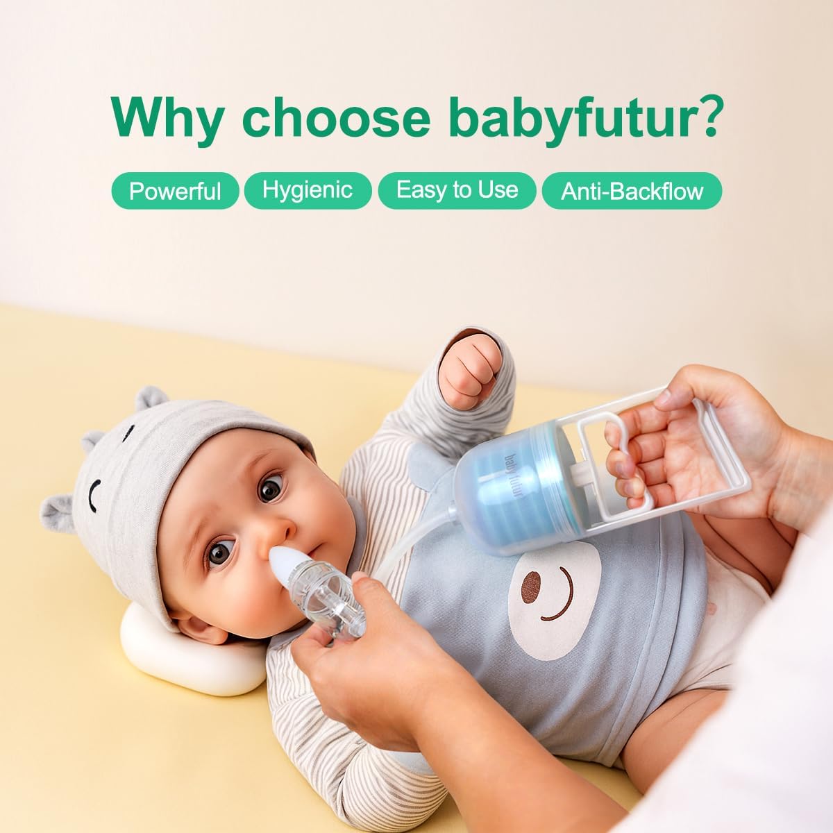 Manual Nose Sucker for Baby – Strong Suction Nasal Aspirator with Soft Silicone Tips, Easy to Clean & Reusable, Quiet and Safe Newborn Nose Cleaner by Baby Futur