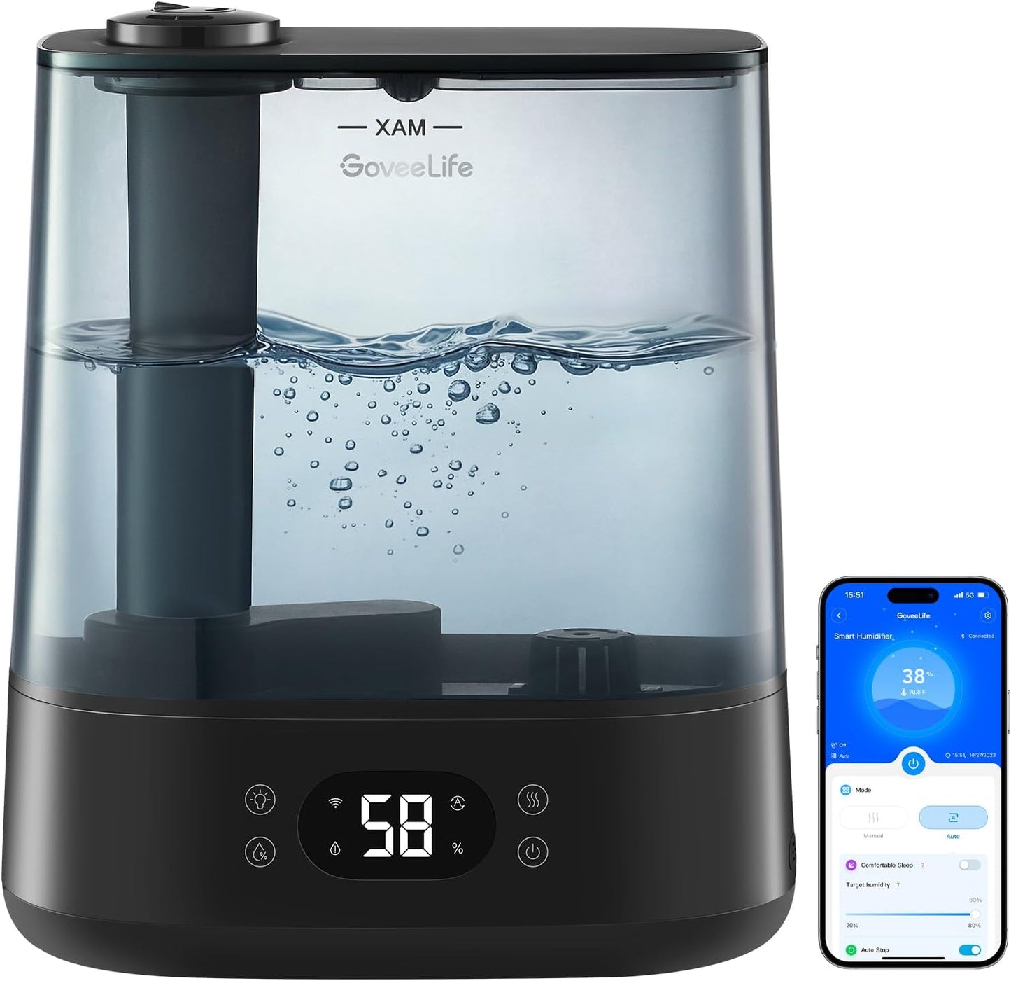GoveeLife Smart Humidifiers for Bedroom, 6L Cool Mist Top Fill for Large Room, Humidity Sensor, Auto Mode, 60H Quiet Runtime, Schedule, WiFi Humidifier for Baby Plant, Compatible with Alexa, Black