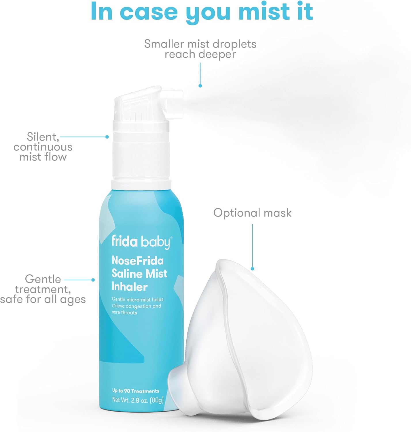 Frida Baby NoseFrida Saline Mist Nasal Inhaler, Decongestant Spray for Congestion & Allergy Relief for Babies + Kids, Nasal Saline Spray, Soothes Stuffy Nose & Sore Throat, Includes Mask