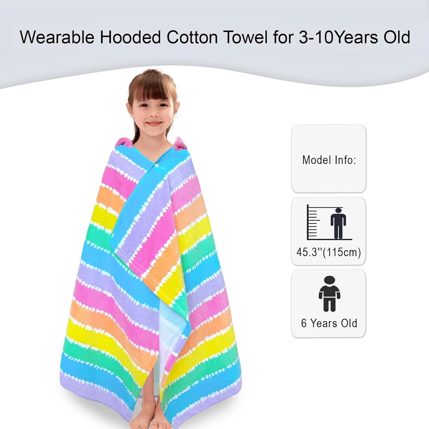 VOOVA & MOVAS Hooded Beach Towels for Girls & Kids (3-10 Years) | 30"x50" Soft Absorbent 100% Cotton Towel Wrap | Perfect for Toddler Beach, Pool, Bath, Swimming | Striped Color Design