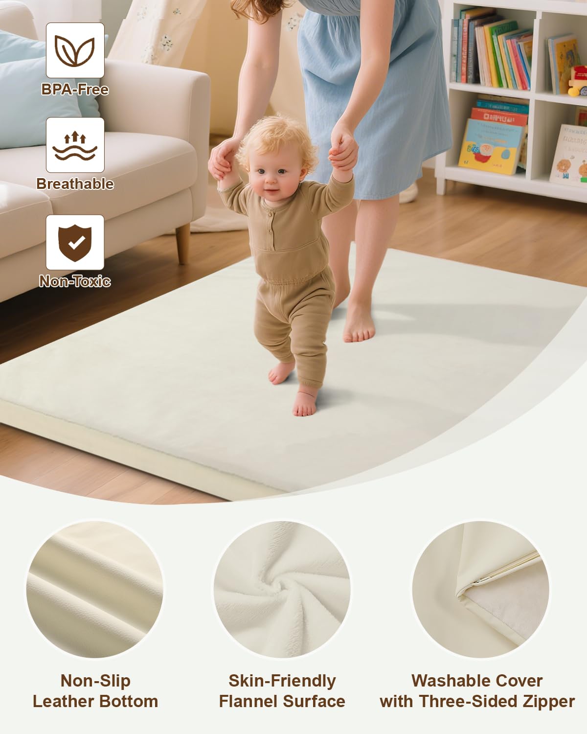 Baby Play Mat for Floor,1.2"Thick Padded Foam 50x50 playpen mat, Soft Velvet&Non-Slip Leather,Removable&Washable Cover,Nursery Rug for Baby Crawling,Toddlers,Infants,kids,Yoga,Tatami,Beige