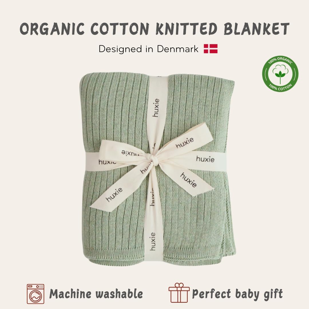 Knitted Organic Cotton Baby Blanket- Swaddle Blanket, 30" x 40" Soft Receiving Blanket for Newborn (Roman Green)
