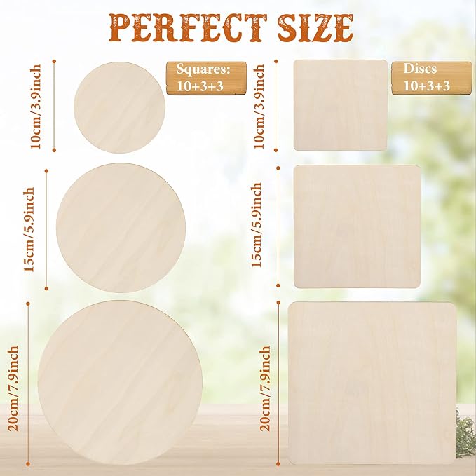 32 Pieces Unfinished Blank Wood Circles Squares