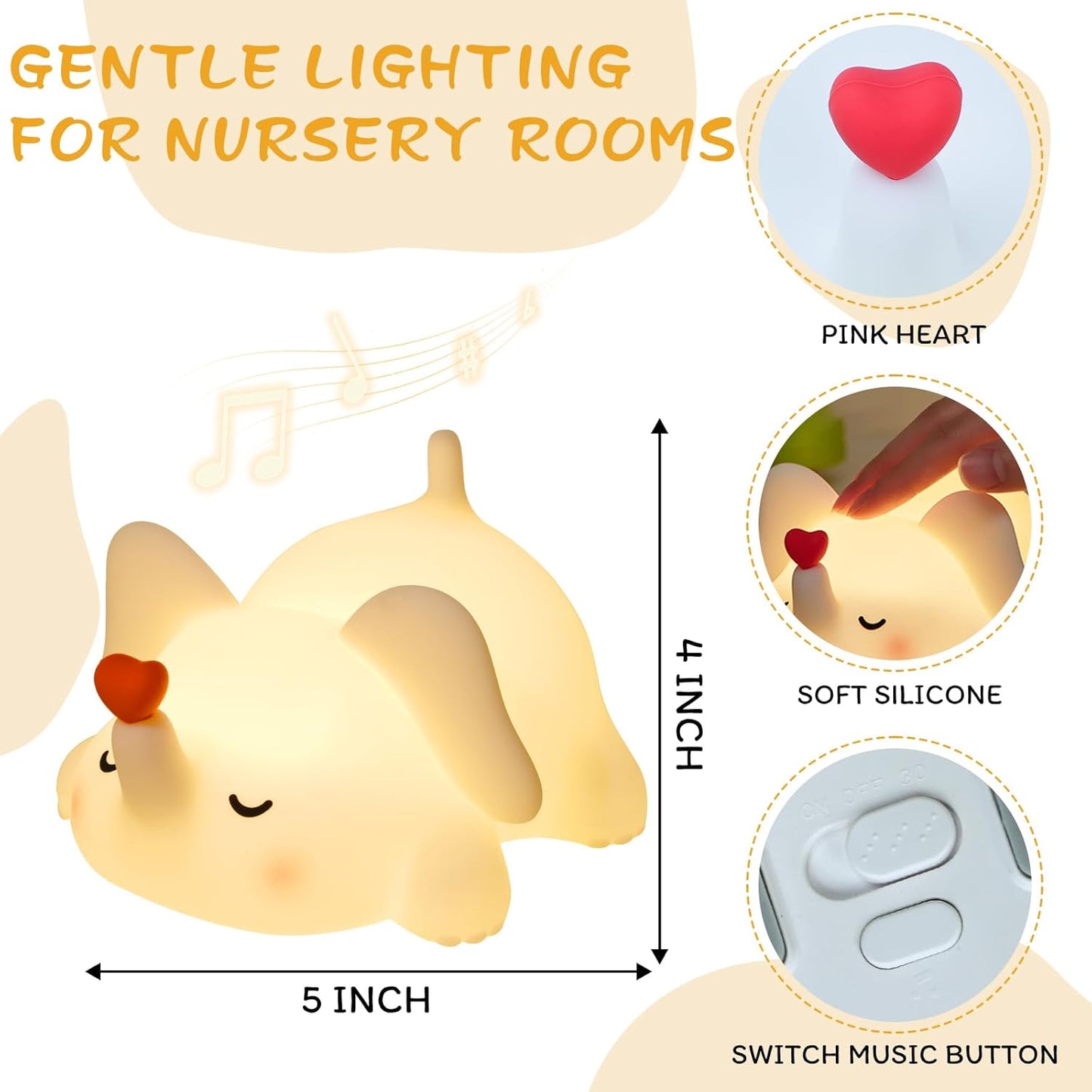 Elephant Night Light for Kids with Music - Squishy Silicone Nursery Lamp, Cute Animal Light 3-Level Dimmable & Rechargeable for Baby Bedroom