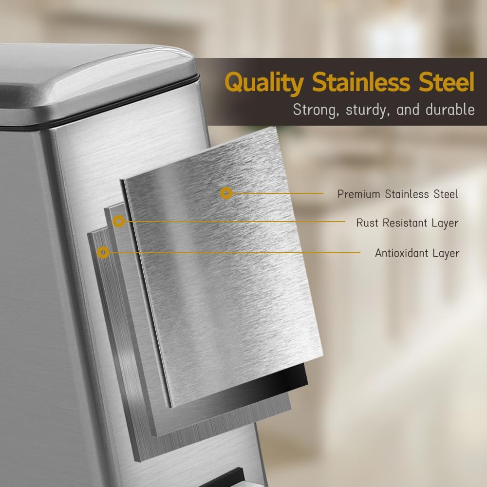 Bathroom Trash Can, 2.6 Gallon Trash Can with lid, Stainless Steel Garbage Can with Removable Liner Bucket, Pedal Rectangle Trash Bin for Bathroom, Office, Kitchen, Bedroom, 10 Liter