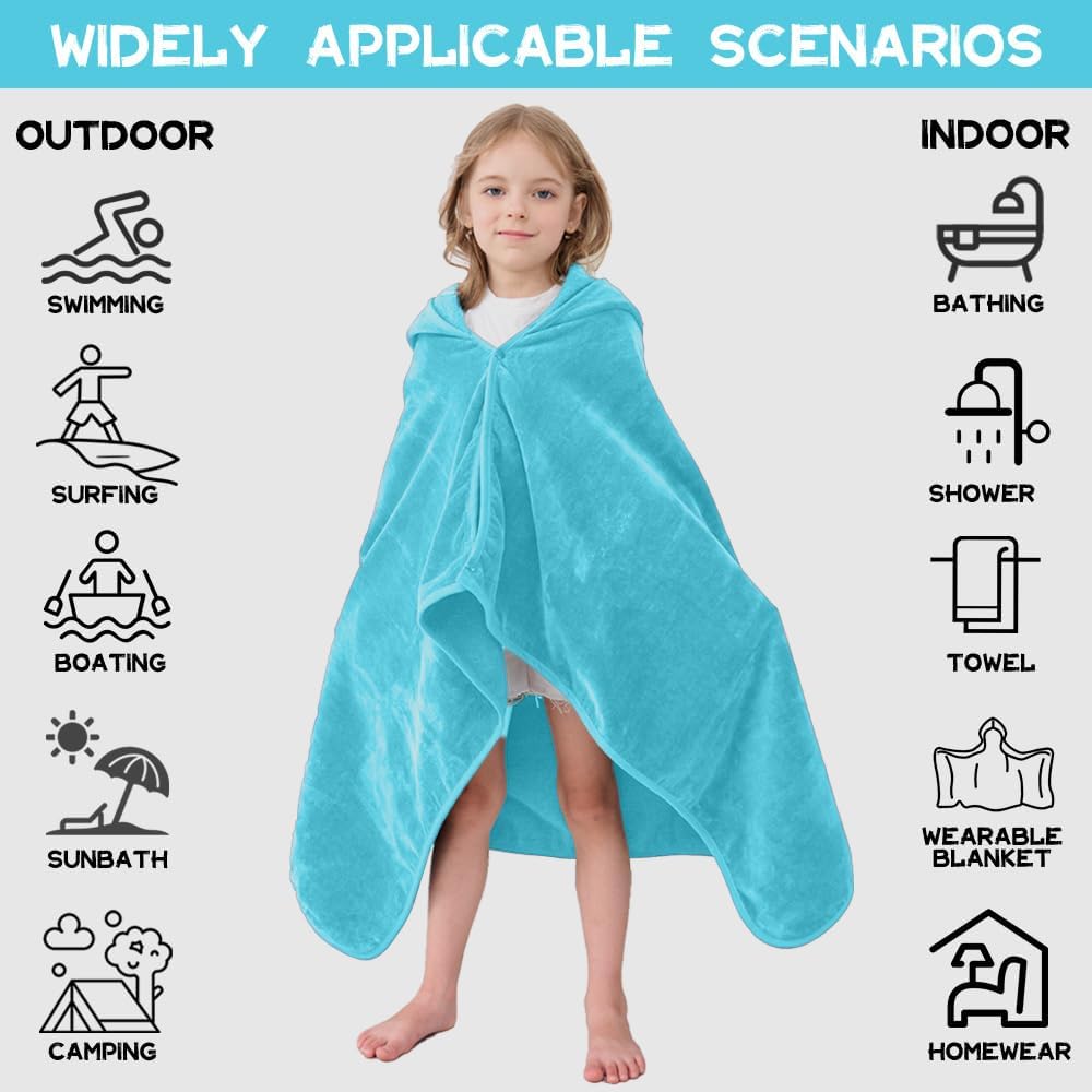 Hiturbo Kids Hooded Bath Towel: 100% Cotton Soft Thick Absorbent Towels Wrap - 50"x30" Shower Beach Pool Wearable Blanket for 3-12 Yrs Boys Girls - Blue
