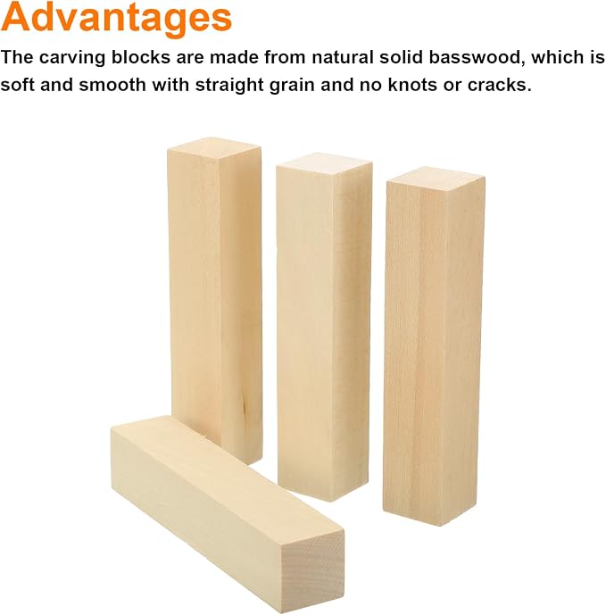 MECCANIXITY 4Pcs Basswood Carving Block, 1.2"x1.2"x6" Square Wooden Dowels