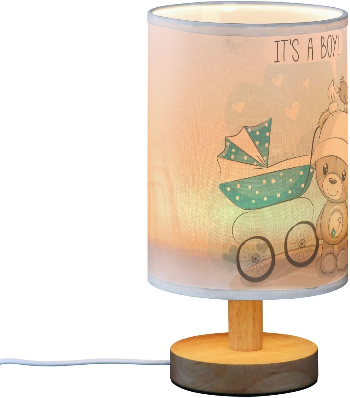 Table Lamp Bear with Blue Baby Carriage Heart Quote It's A Boy Nightstand Lamp with Wood Base Fabric Lamp Shade Bedside Desk Lamp for Living Room Bedroom Kids Room Office
