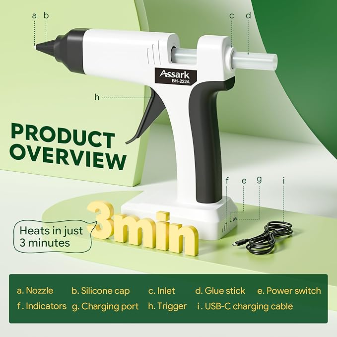 Assark Cordless Hot Glue Gun, Full Size, 6000mAh 60-Min Battery, Plug-in