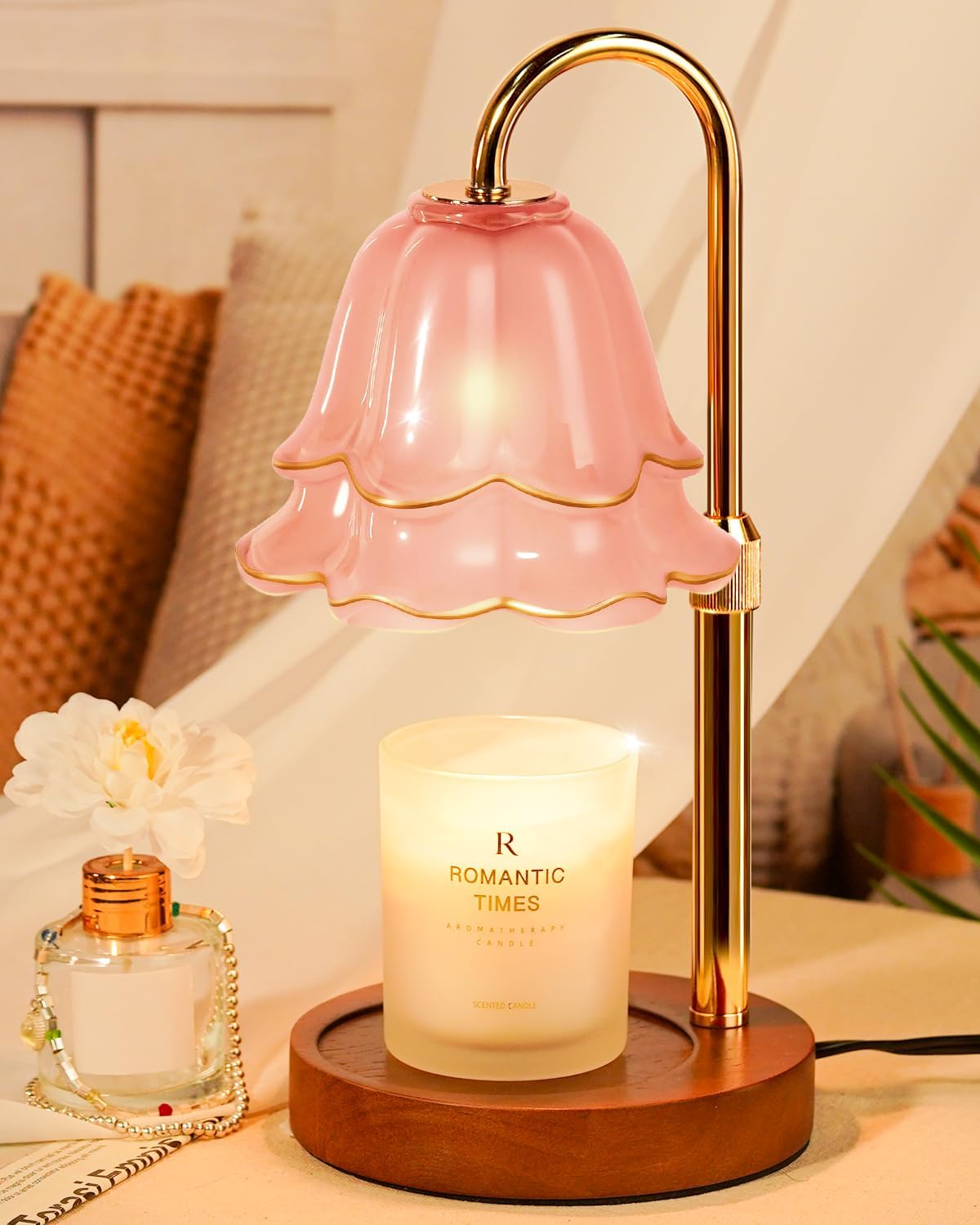 Pink Candle Warmer Lamp with Timer & Dimmer, Adjustable Height Birthday Gifts for Women Mom, Flower Candle Lamp Warmer, Wax Warmer with 2 Bulbs, House Warming New House Decorations
